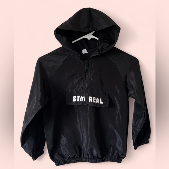 Boy Size 7 Black & White Stay Real SHEIN Windbreaker Pullover Hoodie - Picture 8 of 8